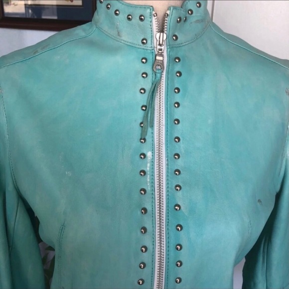 Leather Turquoise distressed Biker Jacket NWOT - Picture 3 of 11